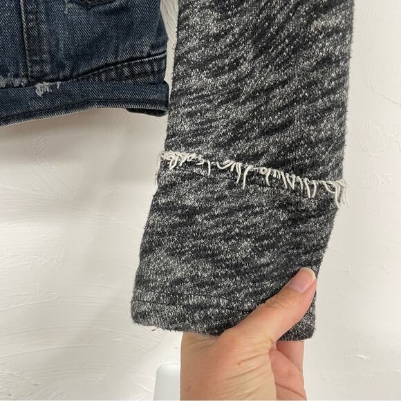 Free People Denim Hoodie Jacket With Grey Sweater Sleeve Womens S Blue Jean - Picture 3 of 10